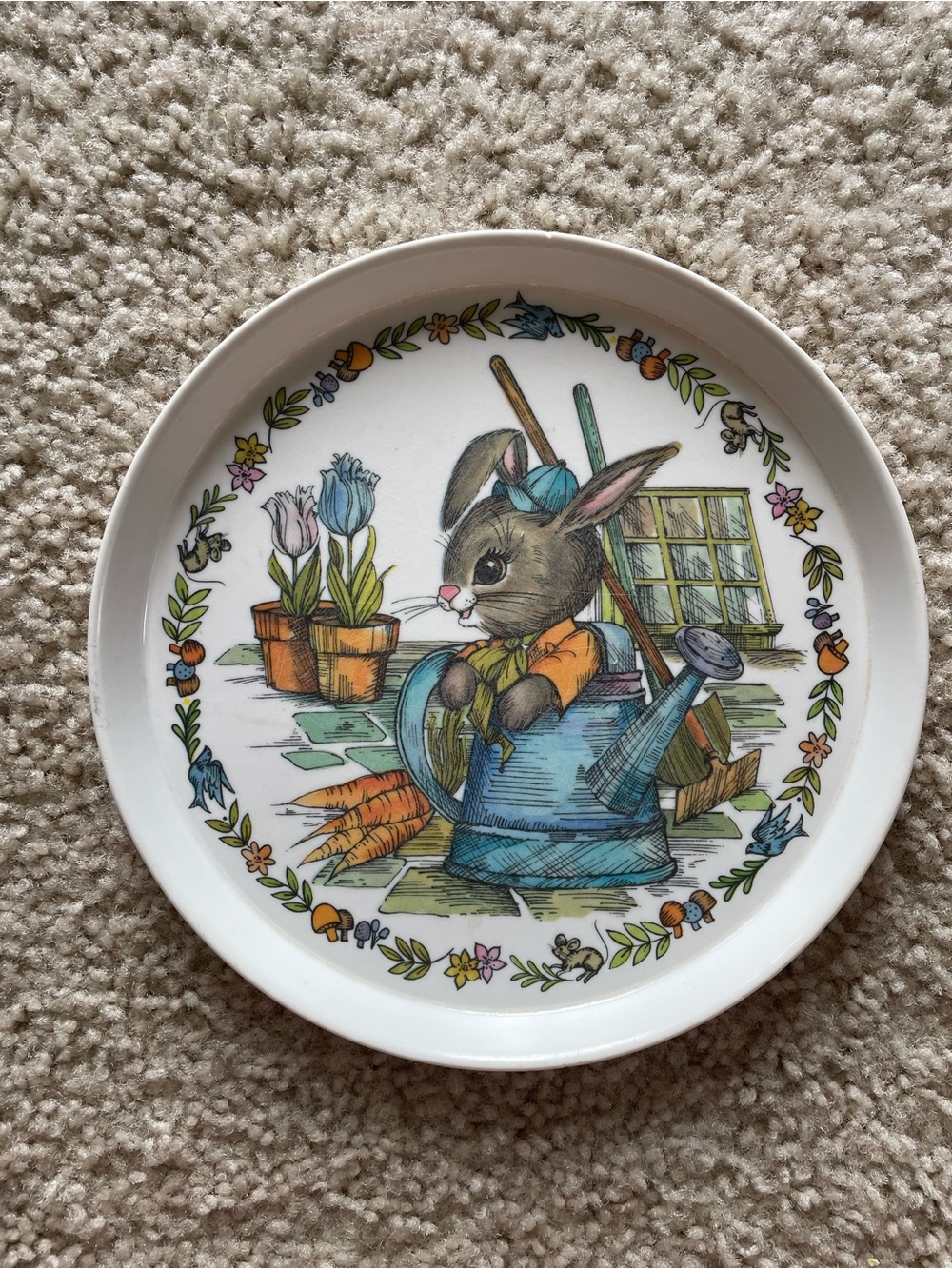 Vintage-Style Bunny in Blue Watering Can Decorative Plate
